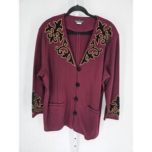 Theo Miles Womens Burgundy & Black Floral Embroidered Button-Up Cardigan Size 2X